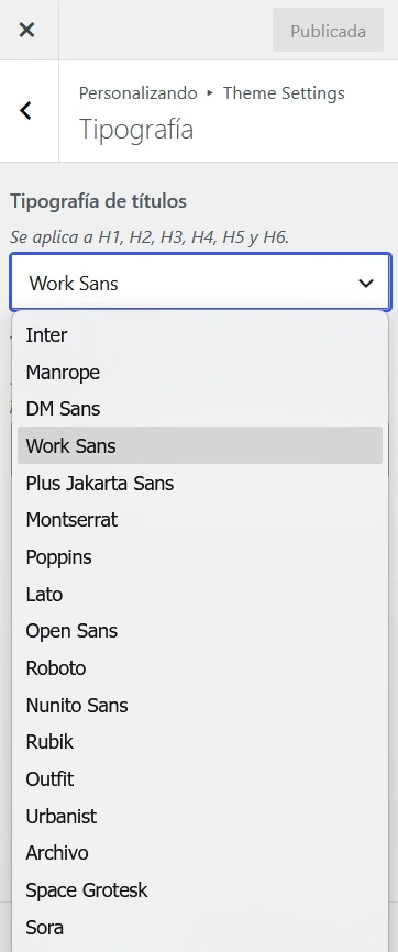 Bloques Custom typography settings