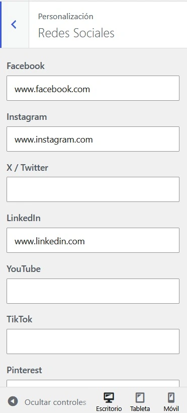 Bloques Custom social networks settings